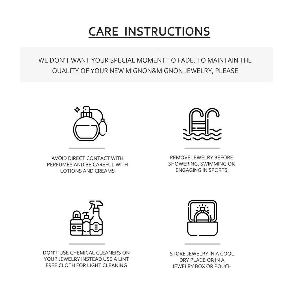 The back side of a customized car model metal keychain displaying mignon&mignon jewelry care instructions with icons for avoiding perfumes, removing before swimming or sports, using a lint-free cloth, and storing in a cool dry place.