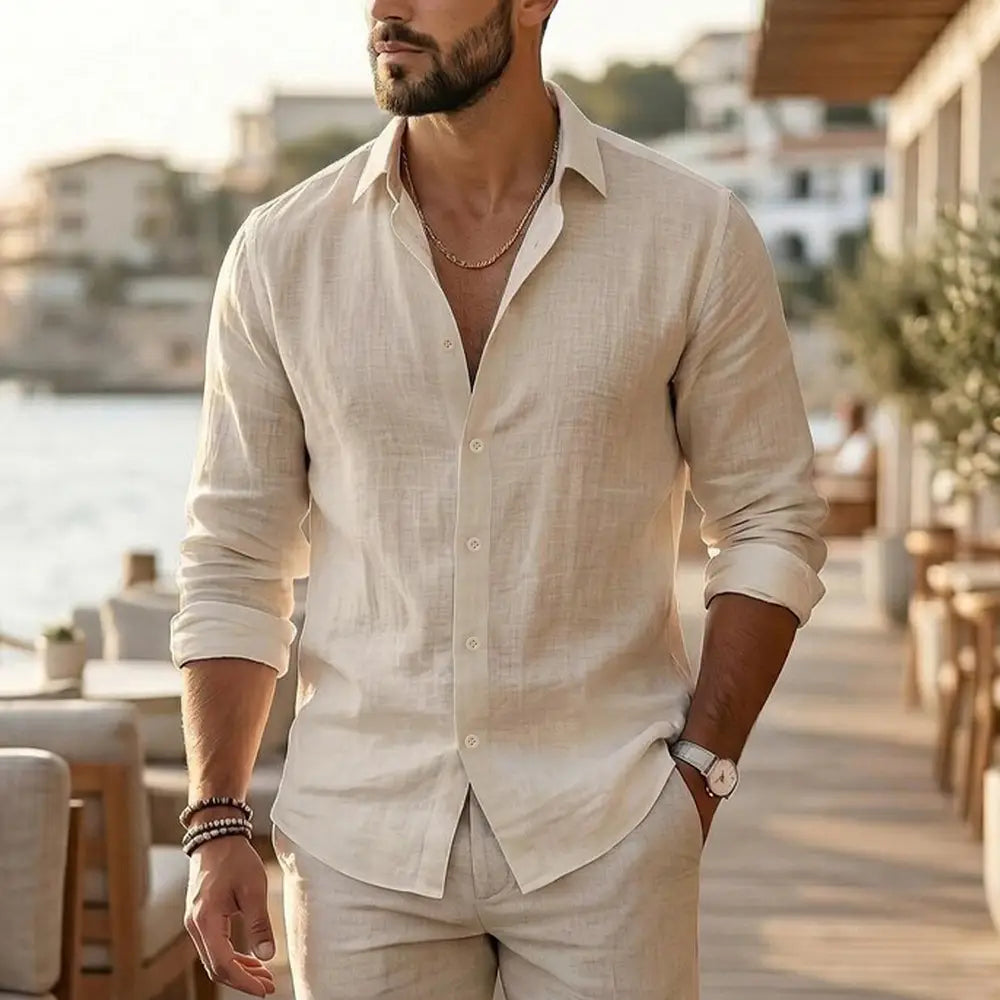 Beige cotton linen long sleeve casual shirt for men with a button-down front, rolled sleeves, and subtle texture.