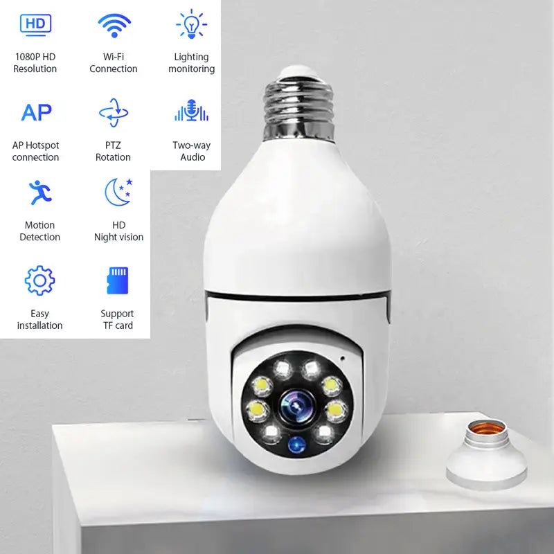 weiße Sicherheits-Glühbirnenkamera mit Metall-Schraubsockel und LED-Licht-Array um die Linse für 1080p-WLAN, Smart-HD-Überwachung.
