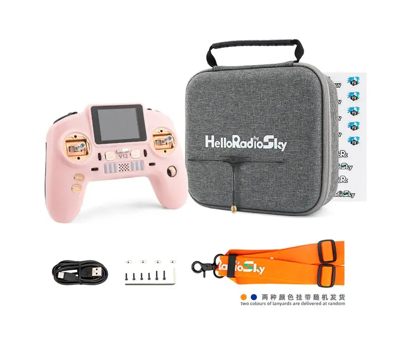 Transmetteur de télécommande drone Helloradiosky V12 rose, avec des accents dorés et un petit écran pour une utilisation avec Edgetx FPV.