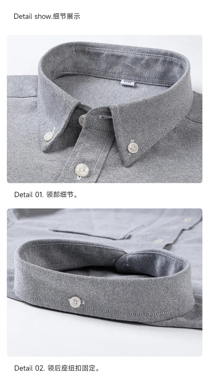 Men cotton oxford long sleeve casual shirt featuring a gray button-down collar with subtle texture and matching buttons.