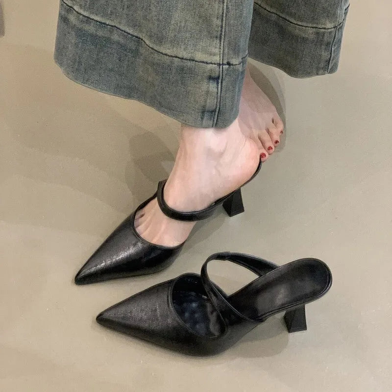 Women's Slippers and Ladies Sandals Leather Sexy Slides Black Shoes Pointed Toe Mules Korea Style Chic Elegant on Sale