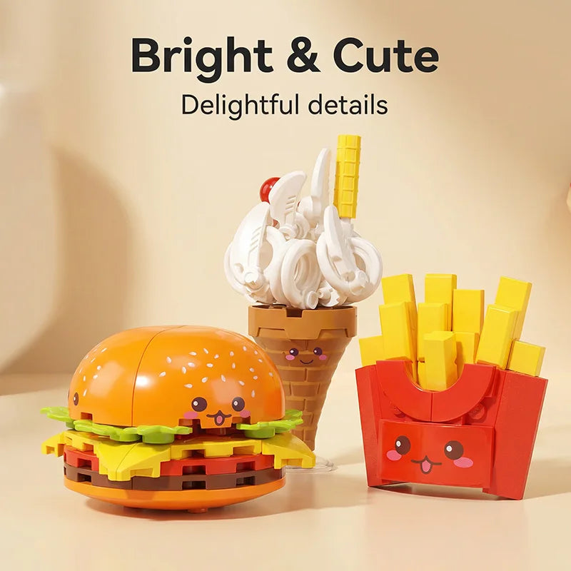 Building blocks, creative and cute food, happy fast food, jigsaw puzzle, sweet words, small particles, educational assembly toys