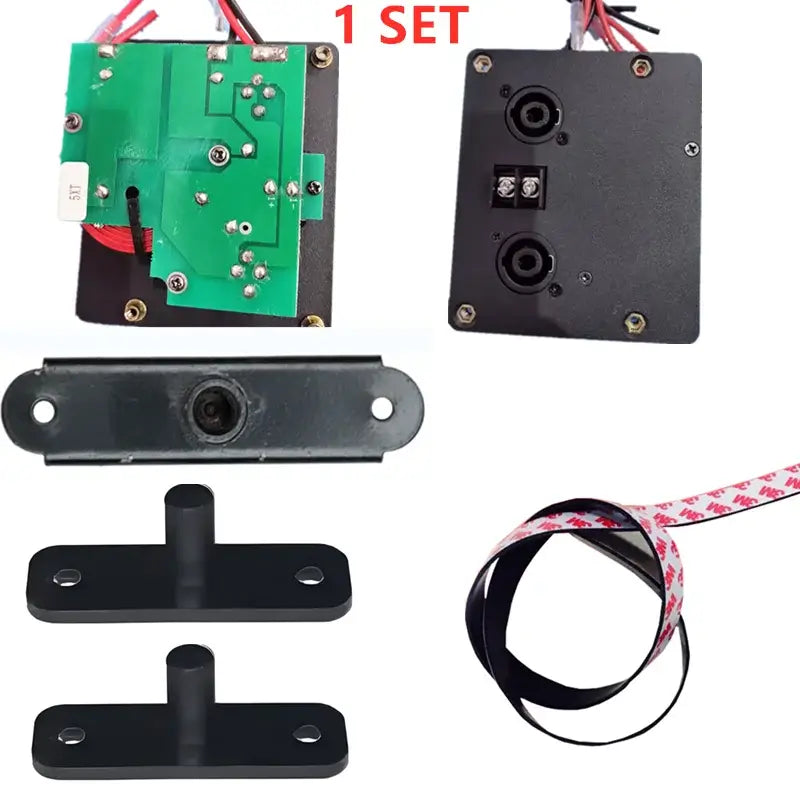Ensemble d’accessoires pour haut-parleur professionnel Mw Audio 5xt présentant un module de caméra rectangulaire noir avec une carte de circuit imprimé verte, des fils raccordés, des supports de montage et un câble ruban flexible.