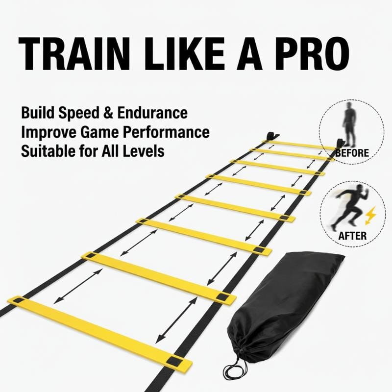 gelbe Agilitäts-Trainingsausrüstung Speed-Ladder mit schwarzen Seitenschienen, Nylon-Gurten und passender schwarzer Kordel-Tragetasche