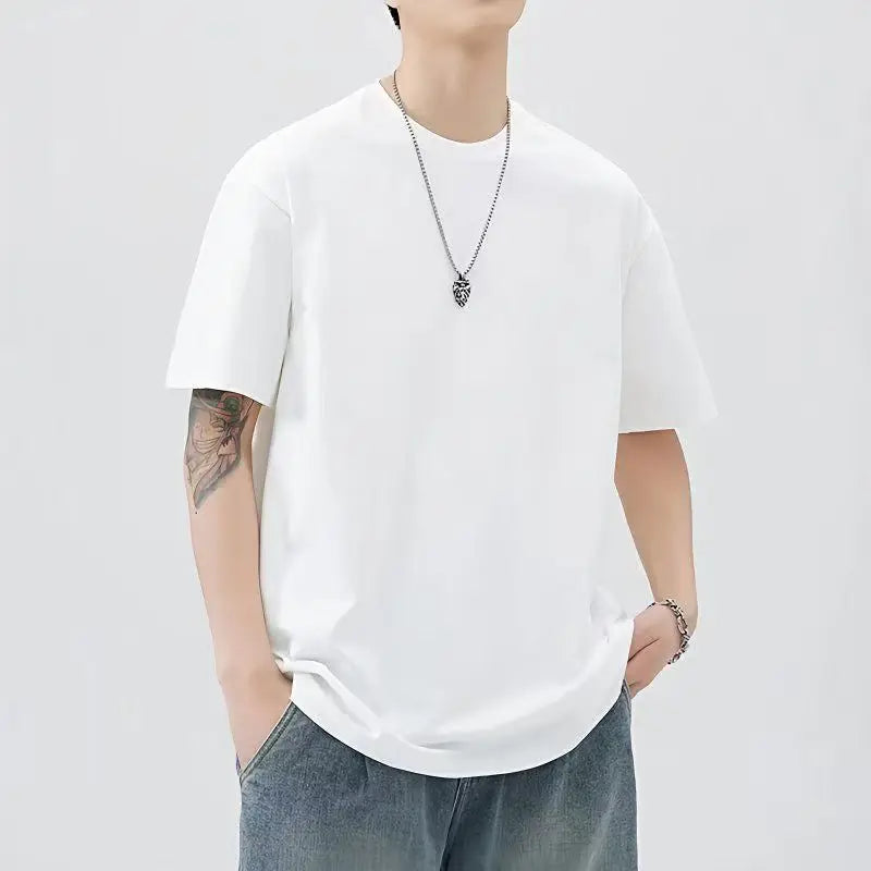 Men T Shirt New Summer Tops Solid Color Commute Classics Blank Tshirts Foundation  Round Collar Short-Sleeve  White Top Tees