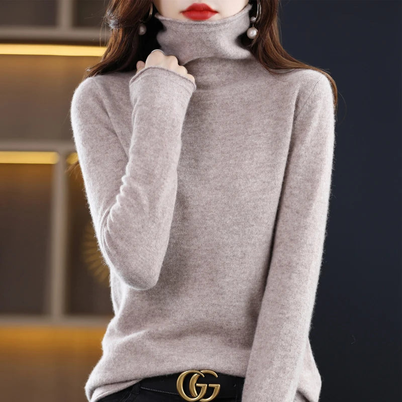 Women's 100% Merino Wool Sweater Autumn Winter Fashion Pile Collar Pullover Cashmere Sweater Casual Long-sleeved Knitted Tops