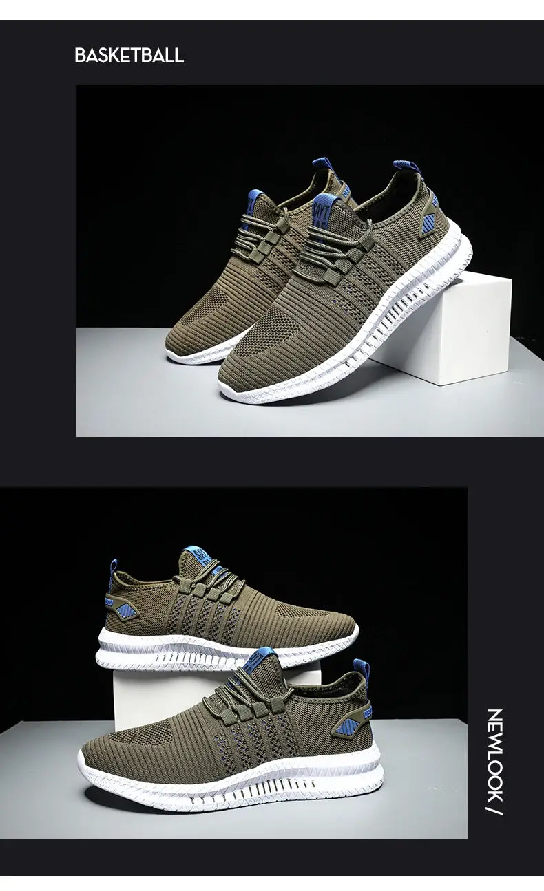 Herren-Atmungsaktive legere Strick-Sneaker in Olivgrün mit weißen Sohlen und blauen Akzenten an den Schnürsenkeln sowie an der Fersenlasche.