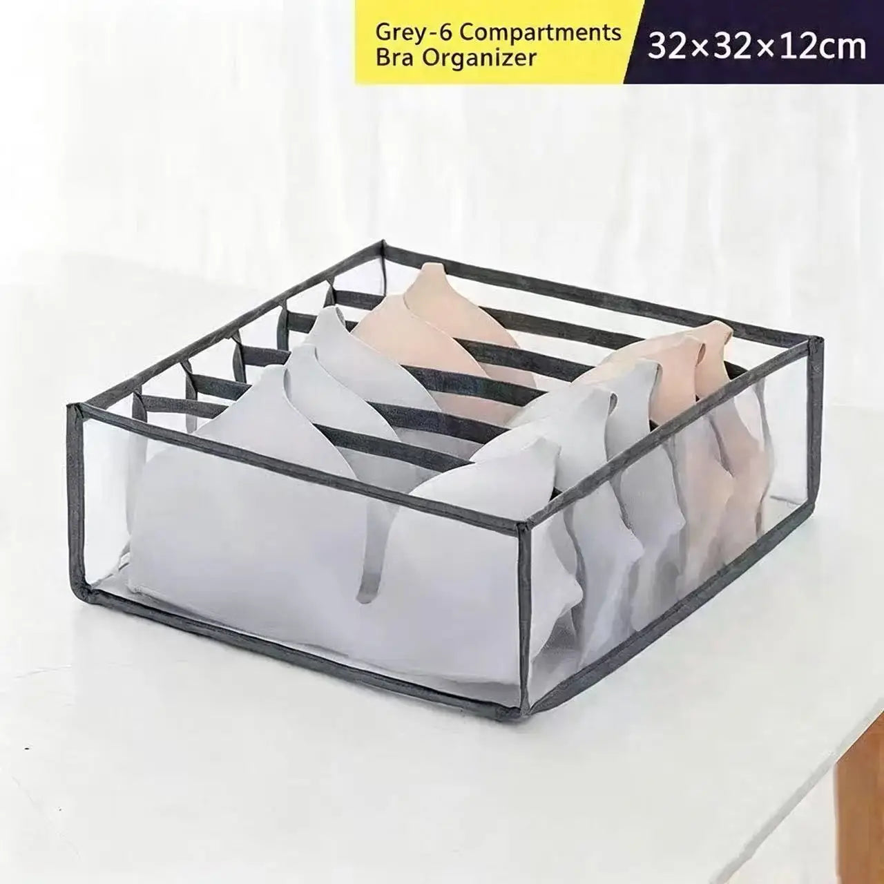 organisateur de soutiens-gorge gris avec six compartiments transparents et bordure noire, fabriqué en tissu, conçu pour le séparateur de tiroir pour organisateur de sous-vêtements, boîte de rangement d’armoire 3 en 1, afin de ranger soigneusement plusieurs soutiens-gorge.
