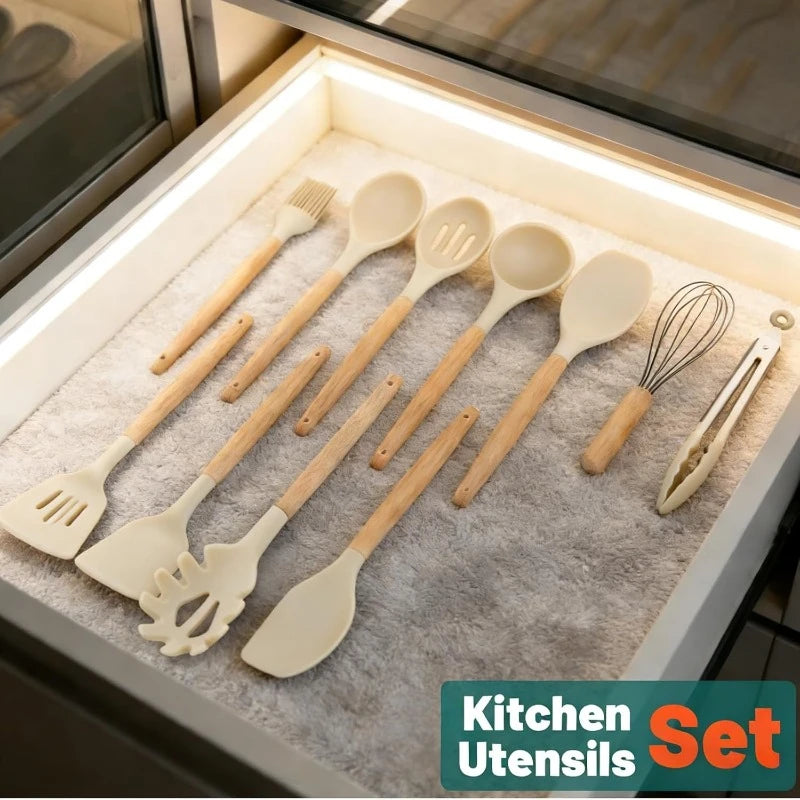 Wooden Handle Silicone Kitchen Utensils Set 14 Pieces Non-stick Cookware Tools with Storage Bucket Cooking Gadgets Organizer Set