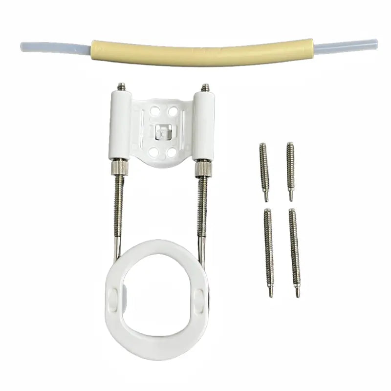 White plastic cervical traction device with beige padded headband and metallic adjustment screws displayed as part of a home gym storage rack organizer for fitness equipment.
