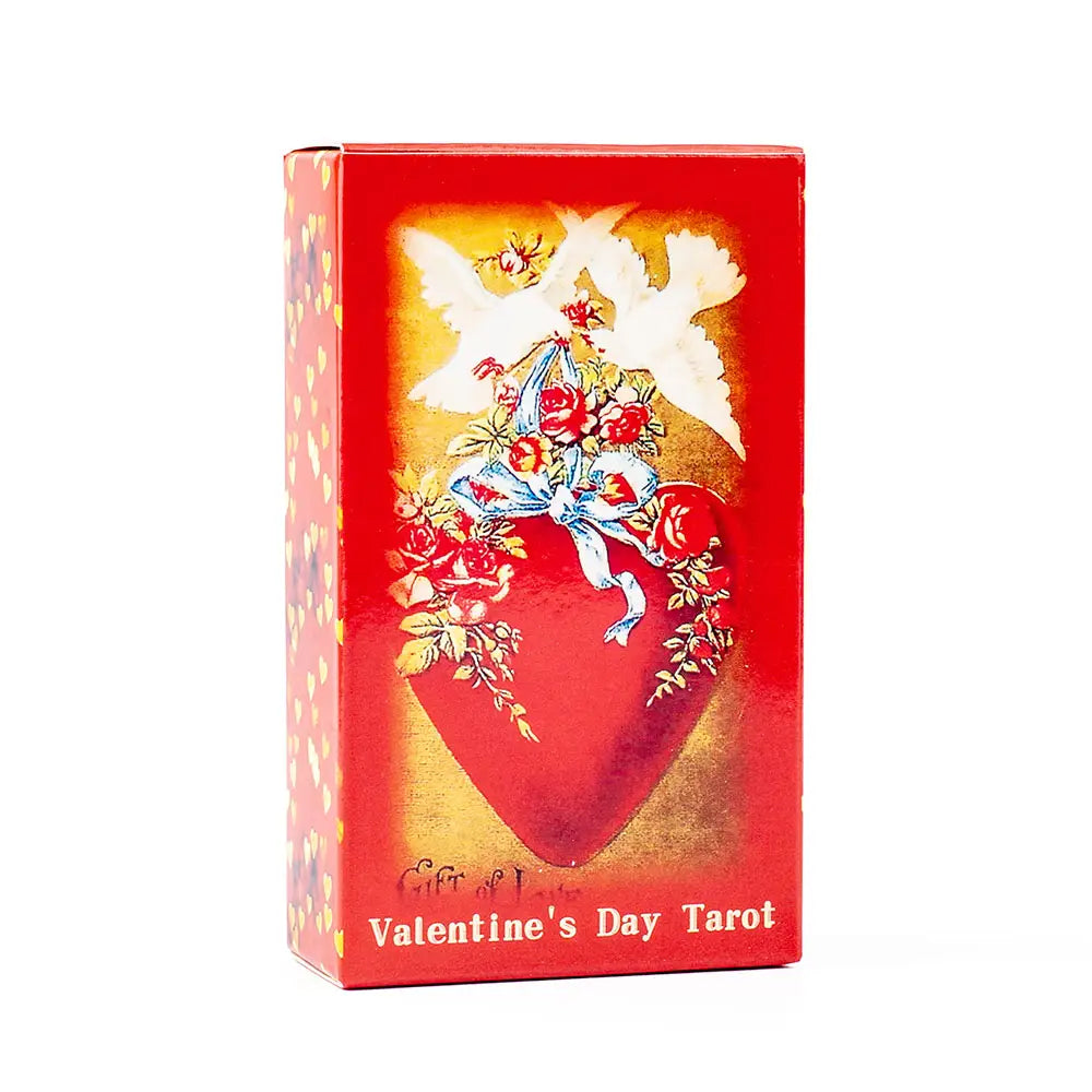 red rectangular valentine tarot deck love oracle cards box with a glossy cardboard surface featuring a central red heart adorned by roses and doves design
