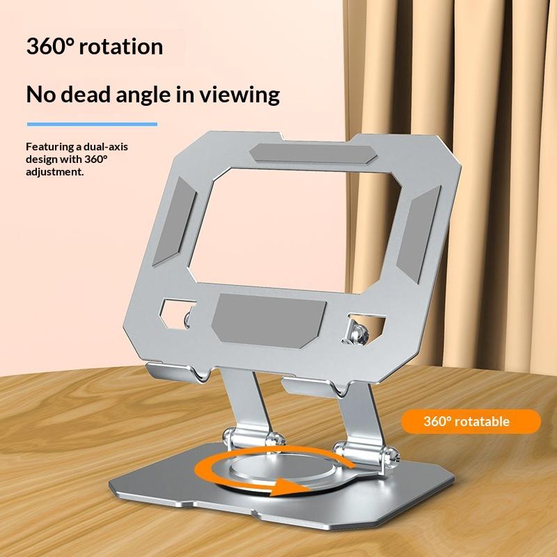 Silver metallic aluminum alloy laptop stand with dual-axis 360-degree rotating design for tablet phone and phone stand use.