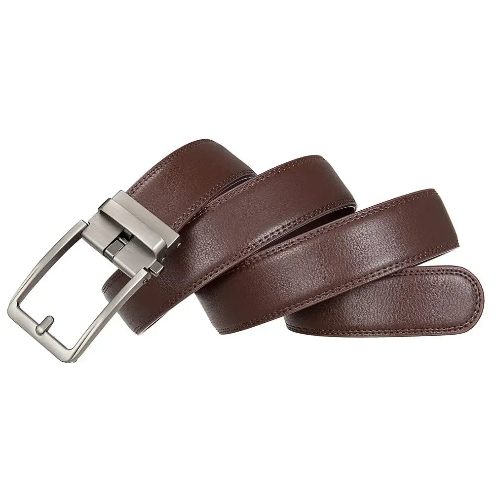 Men leather automatic buckle belt featuring a brown leather strap and silver toned buckle.