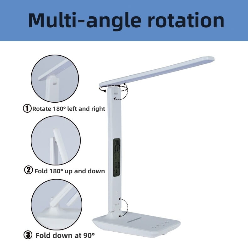 white led desk lamp with adjustable multi-angle rotation features wireless charger and clock for convenient workspace use among desk lamps