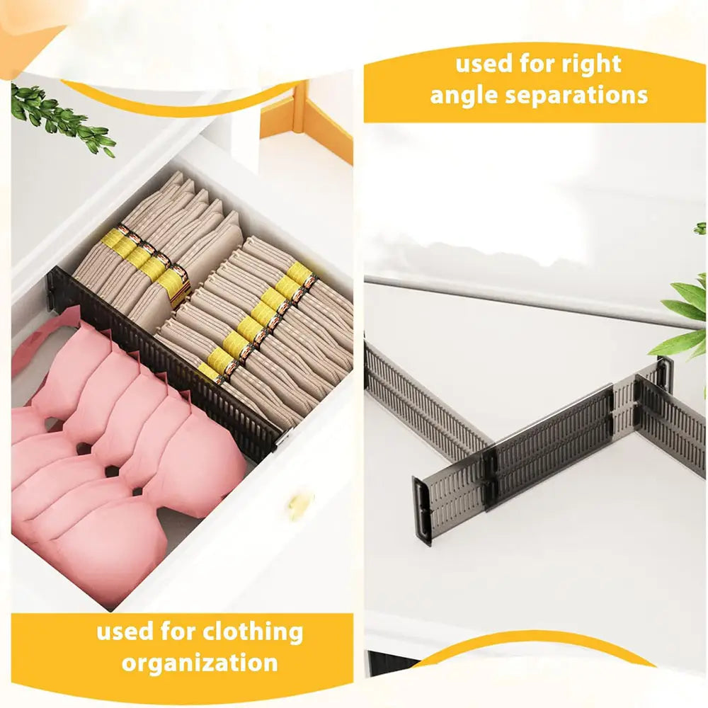 Black plastic right-angle expandable clear plastic drawer divider with slatted design and adjustable organizer for clothing organization.