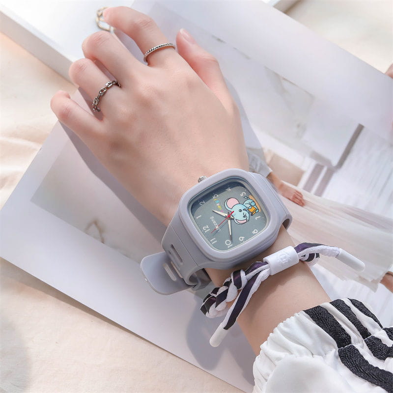 Gray silicone kids luminous cartoon elephant digital watch with a square face featuring a cartoon mouse design on the dial.