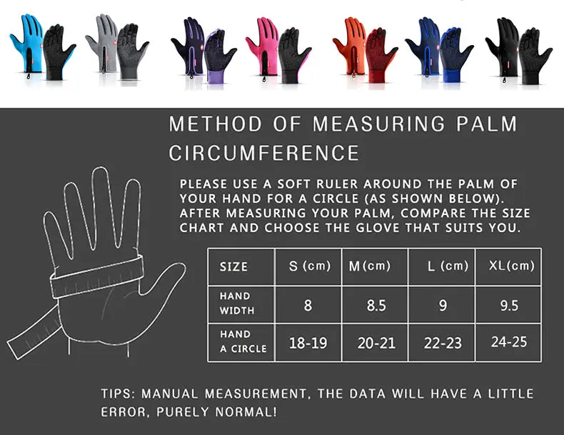 Guantes de ciclismo con pantalla táctil a prueba de viento coloridos para hombres y mujeres en azul, gris, rosa, naranja y negro, mostrados desde el reverso.