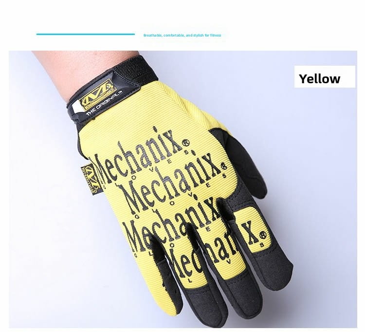 Herren-Fahrradhandschuhe mit vollständigen Fingern in Gelb, mit schwarzen Akzenten und verstärkten Fingerspitzen, von der Rückseite dargestellt.