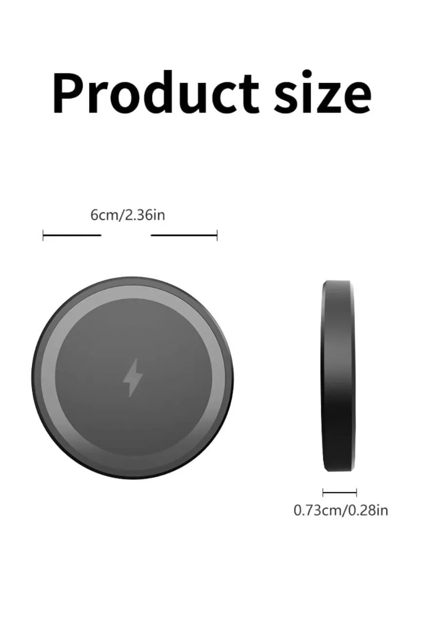 Black circular magnetic wireless charger with type c connector and a subtle lightning bolt emblem at its center featuring a portable design.