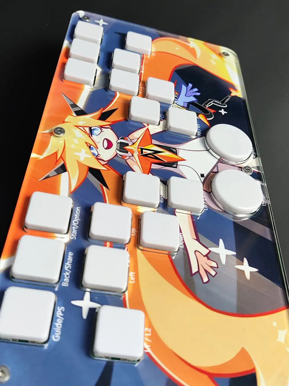 A vibrant djmax mechanical gaming keyboard with white keys and a colorful illustration of an orange-haired character on its transparent body featuring left joystick support and joystick moves functionality with data cable connection.