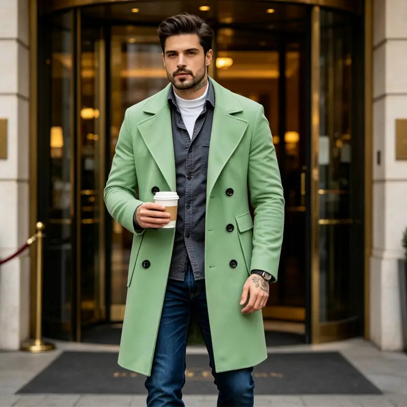 Un manteau long élégant en laine mélangée, coupe ajustée slim, vert menthe, à double boutonnage, avec des boutons noirs et une coupe tailleur.
