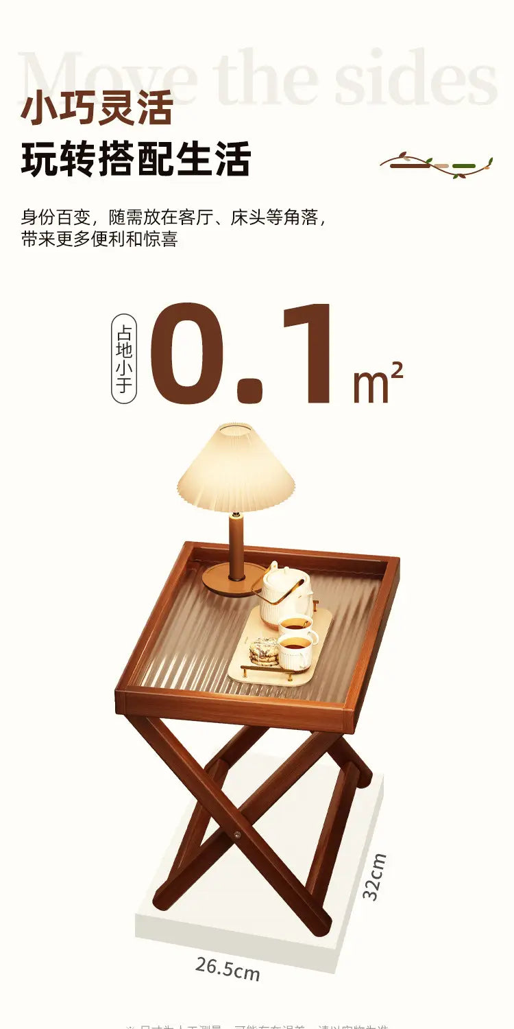 brown wooden folding side table with x-shaped base and glass top showcasing visible grain as a key product selling point for foldable glass side table wood frame.