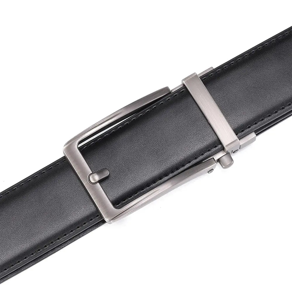 Black leather mens belt featuring a sleek silver-toned automatic buckle.