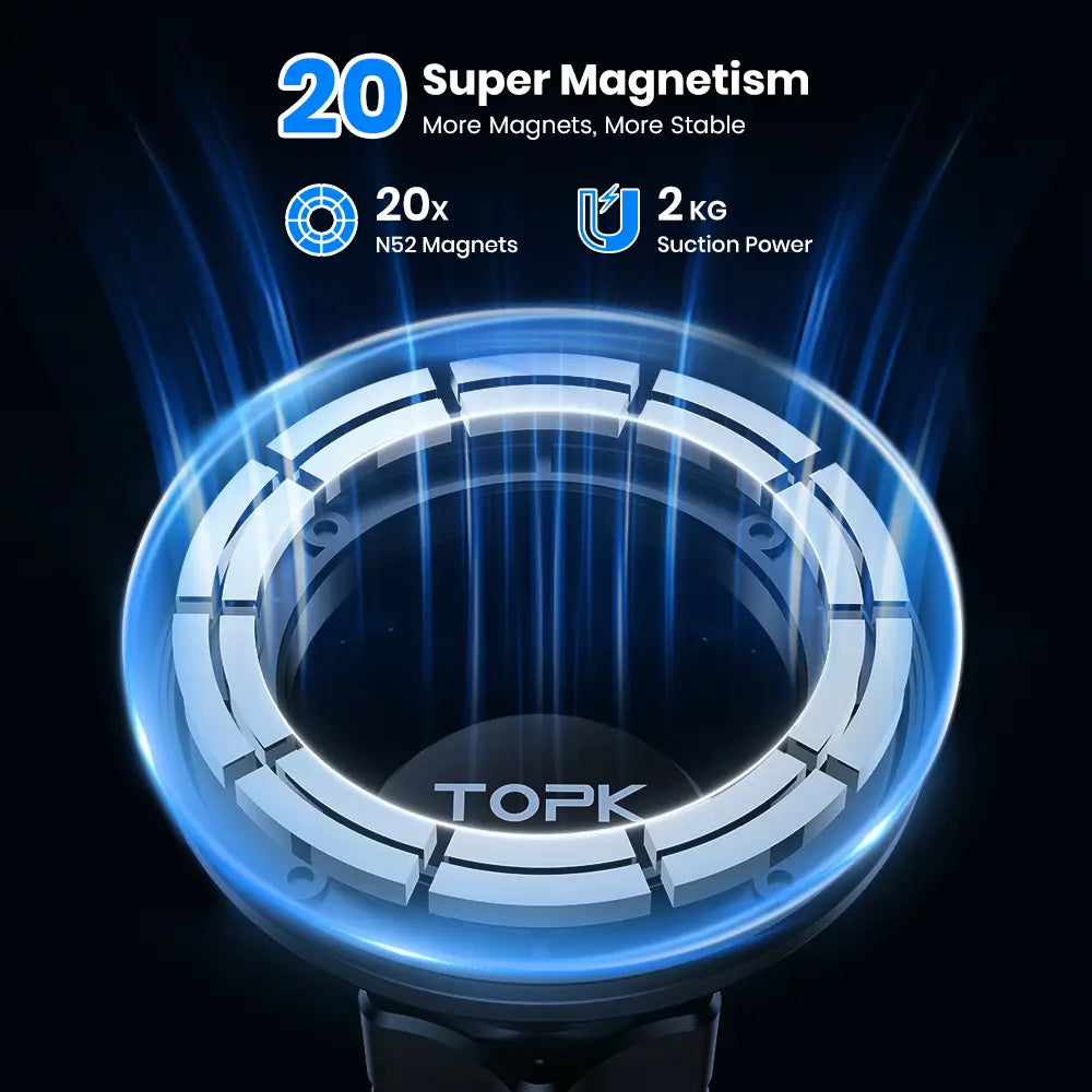 Topk magnetischer KFZ-Handyhalter mit einer kreisförmigen Metall-Saugfläche mit 20 N52-Magneten und einer Saugkraft von 2 kg, beleuchtet mit blauem Licht.