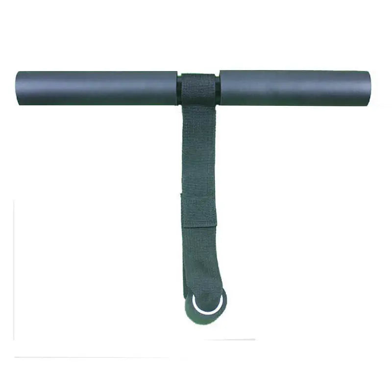 Schwarze verstellbare Sit-up-Stange mit einem T-förmigen Griff mit gepolsterten zylindrischen Enden sowie einem strapazierfähigen Gurtband mit verstellbarer Schlaufe für ein Core-Workout.