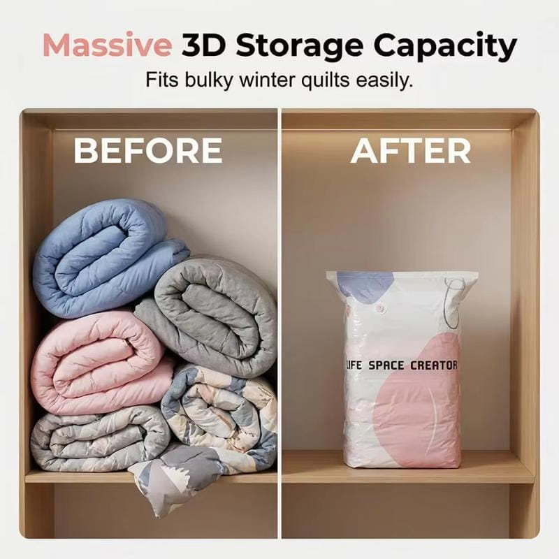 Vakuum-Aufbewahrungsbeutel in Weiß und Pink mit abstraktem geometrischem Design aus PA+PE-Material, zur platzsparenden Organisation