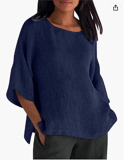 2026 Women Blouse Shirts new foreign trade women's seven quarter sleeved round neck cotton and linen shirt top woman Blouses