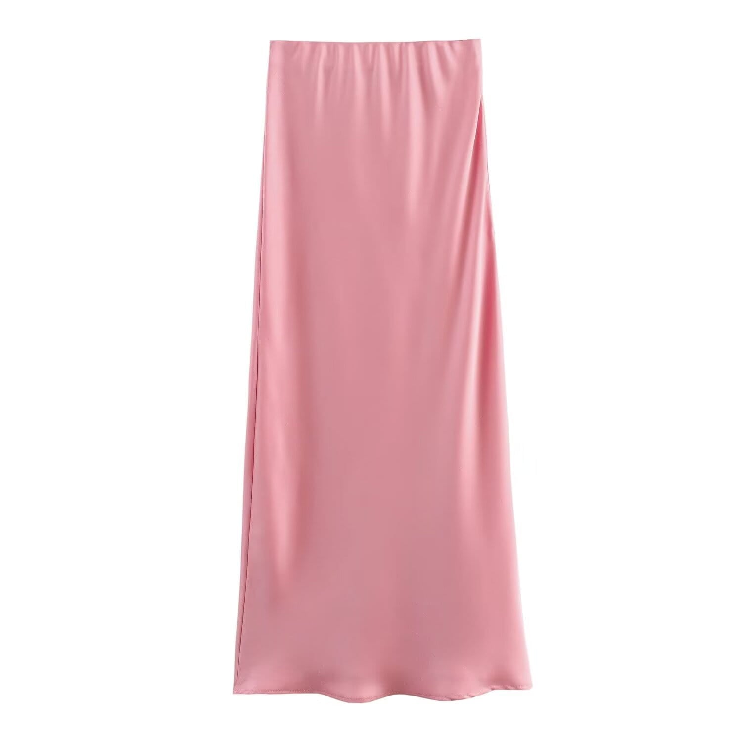 Une jupe midi en satin rose clair, élégante, dotée d’une taille haute, d’un tombé fluide et d’une fente latérale discrète.