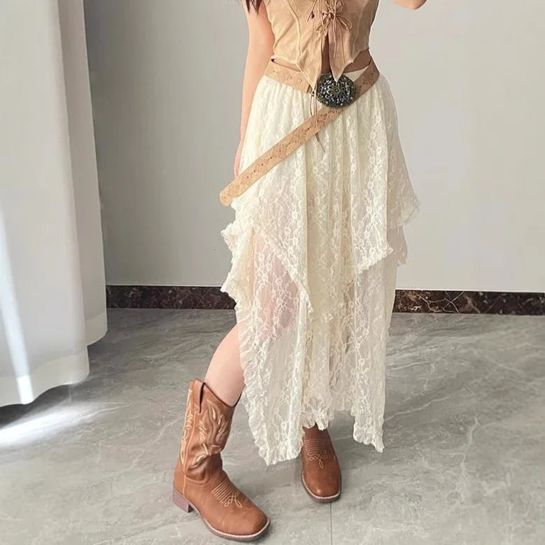 Ethnic Style Wavy Hem High Waist Lace Skirt Sweet Sister Stacked Holiday Style Dress