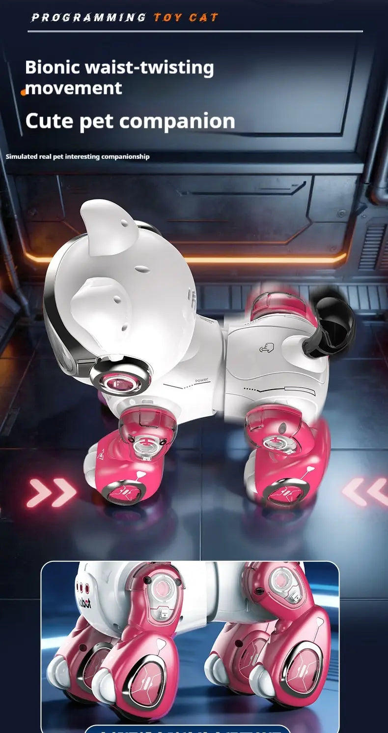 remote control robotic horse toy featuring a white and pink robotic toy cat design with articulated limbs and glowing red accents on its joints.