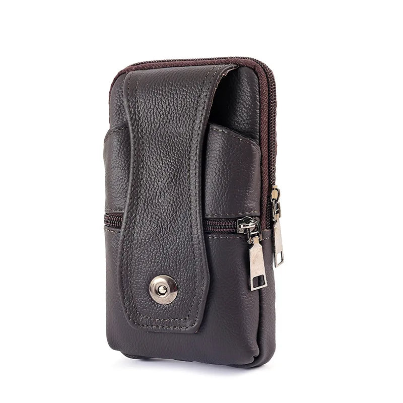 Men Leather Waist Bag Large Capacity Belt Bag Brown Shoulder Bags Crossbody Bags Multi-layer Buckle Mobile Phone Bag Bum Pouch