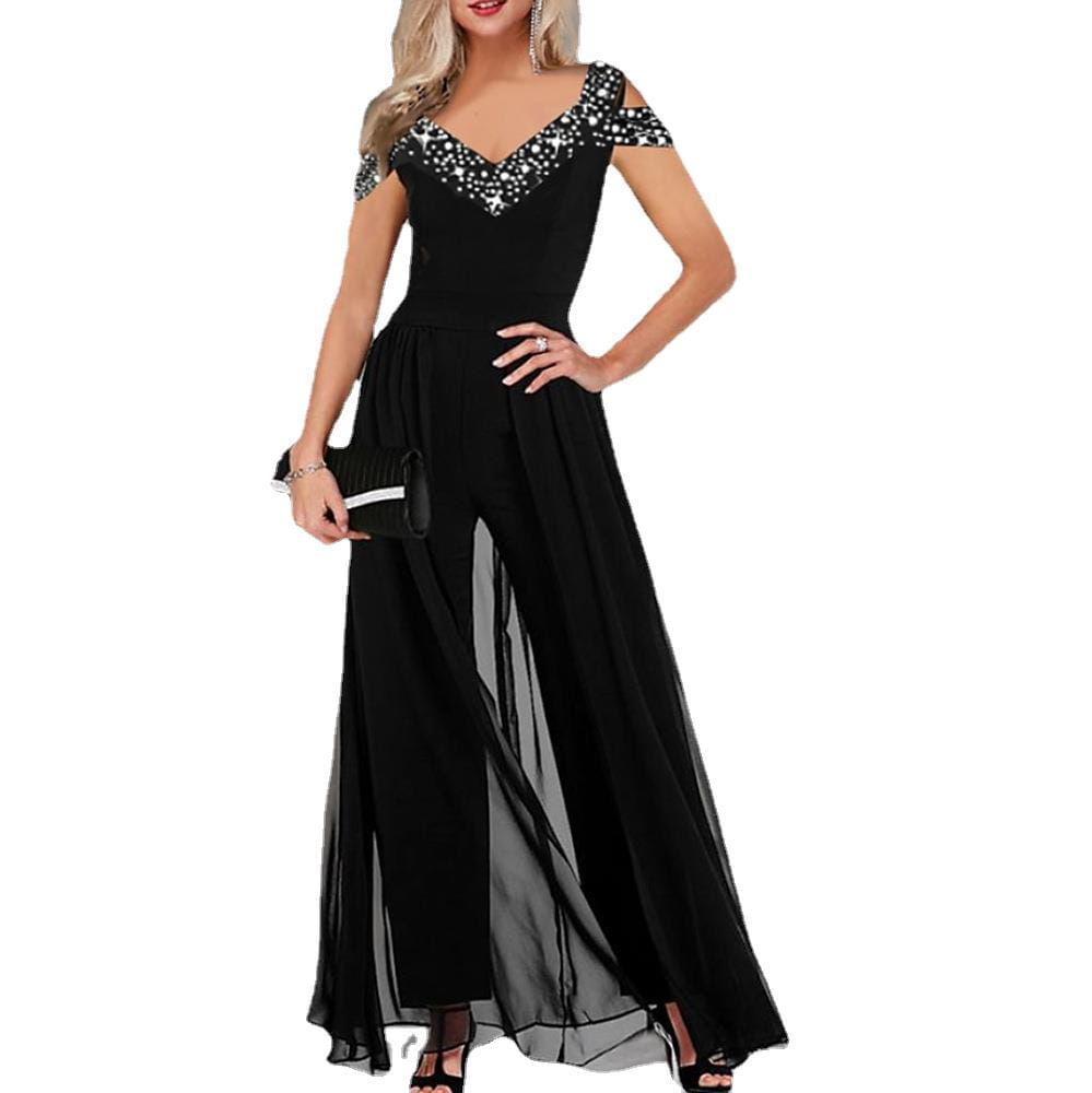 Black elegant v neck off-the-shoulder maxi dress with sparkling embellishments and sheer overlay panels resembling a women v neck elegant jumpsuit romper.