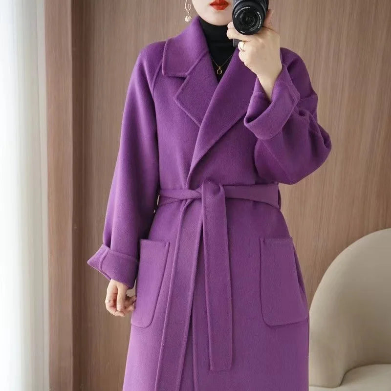 2024 Women's Wear 100% Wool Coat Autumn/Winter Fashion Temperament Double sided Cashmere Coats with Belt Elegant Long Overcoat