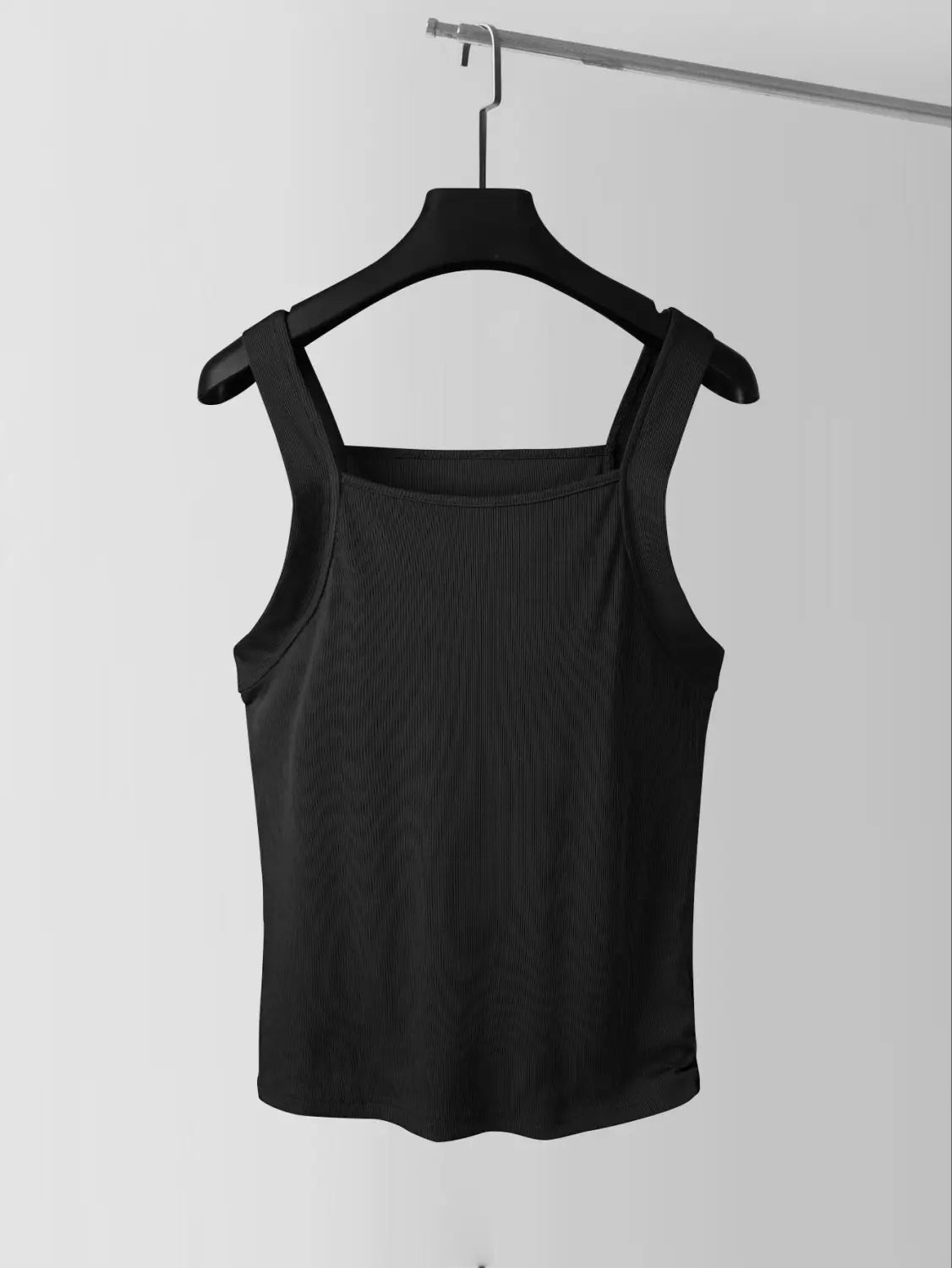 Men’s ribbed square neck tank top in black featuring a ribbed texture, square neckline, and thin straps made from comfortable material.