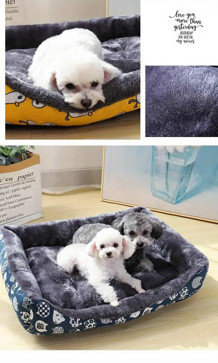 Soft gray plush cat bed and dog bed with a yellow and navy blue patterned border featuring paw prints and checkered designs designed for winter pet products.