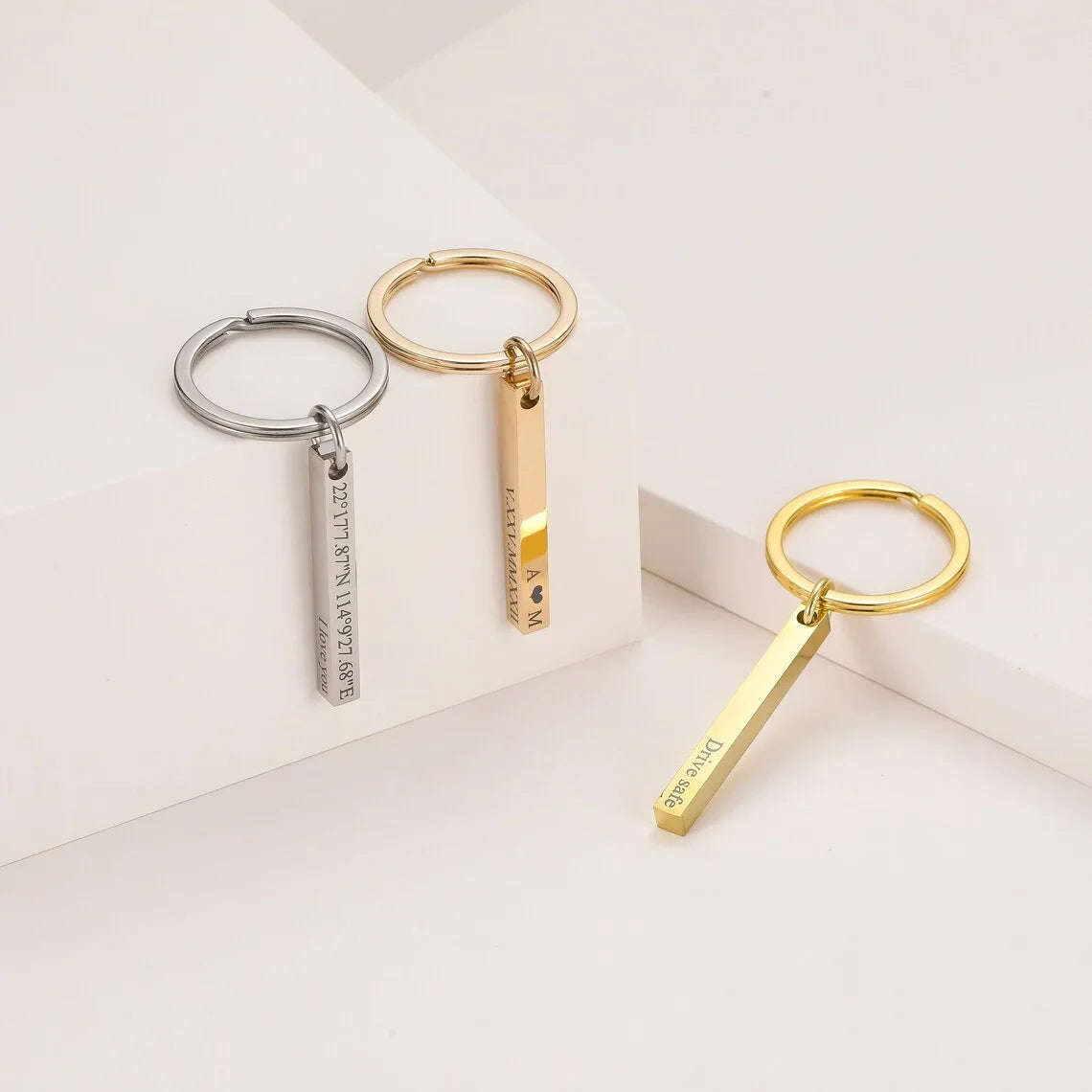 Personalized Engraved Bar Keychain Stainless Steel Four Side Coordinates Keyring Custom 3D Bar Key Chains Women Men Gift