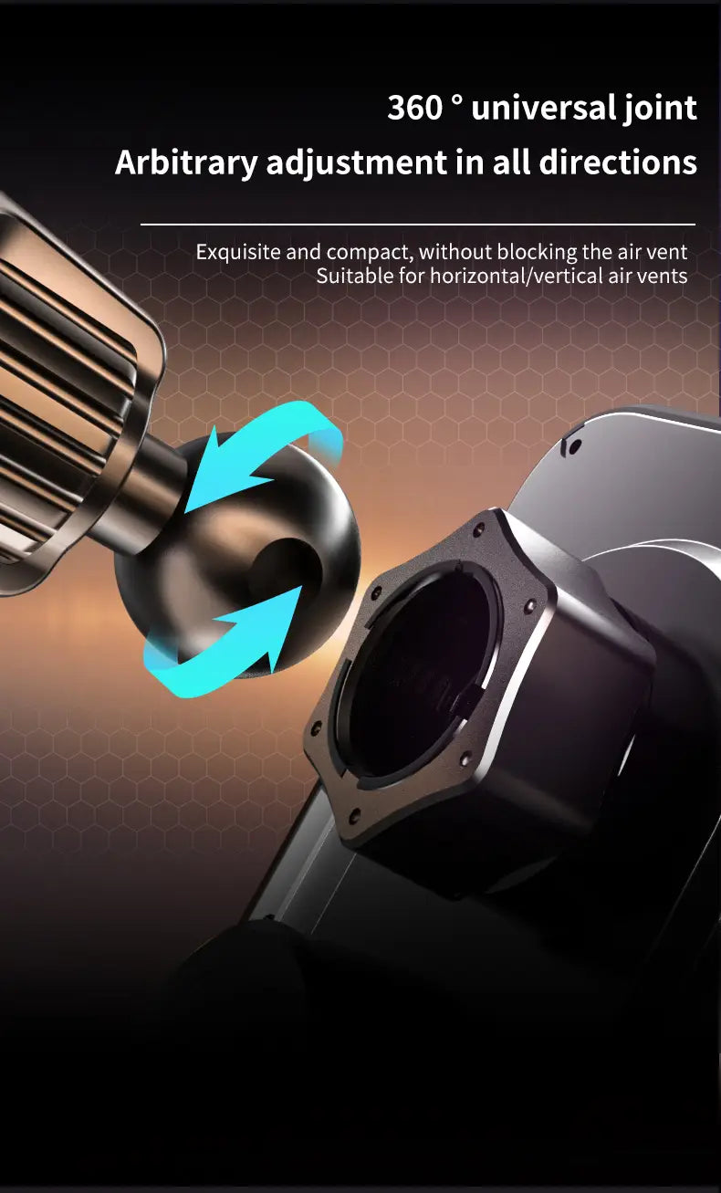 black metallic 360° universal joint with arbitrary adjustment in all directions attached to the back of a wireless charger phone holder featuring infrared auto clamping for secure wireless charging.