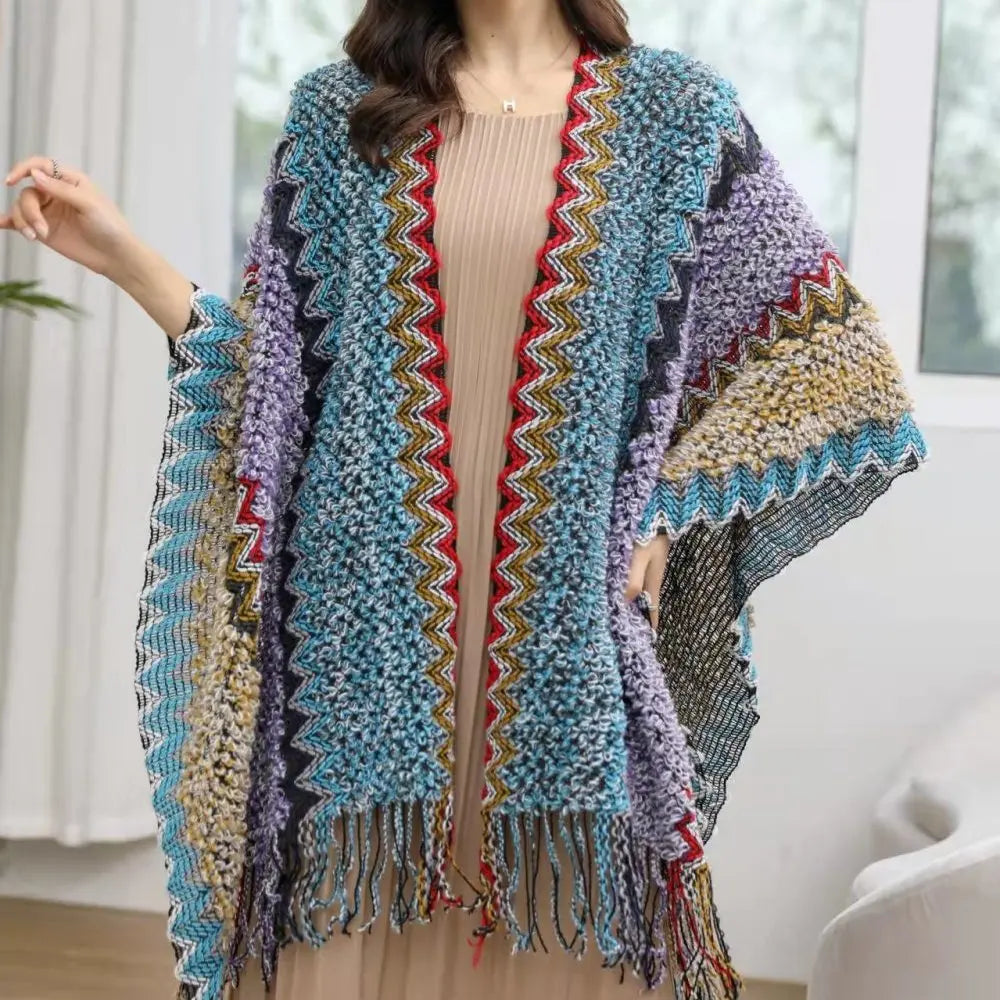 Ethnic Style Cape Oversized Sweater Jacket Women Fashion New Loose Patchwork Warm Long Scarf Knitted Cardigan Woman
