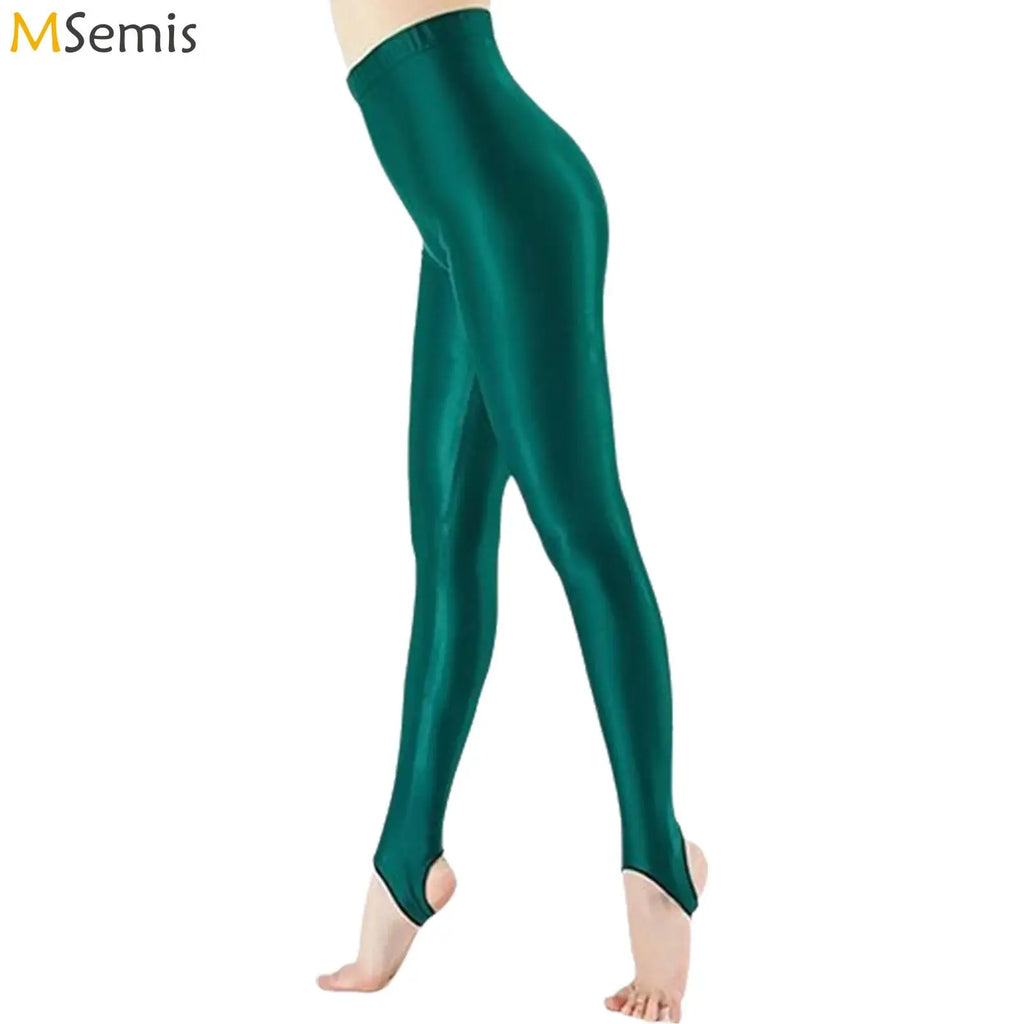Womens Shiny Glossy Stirrup Tights Leggings High Waist Elastic Waistband Tights Skinny Pants Slim Fit Fitness Sports Costumes