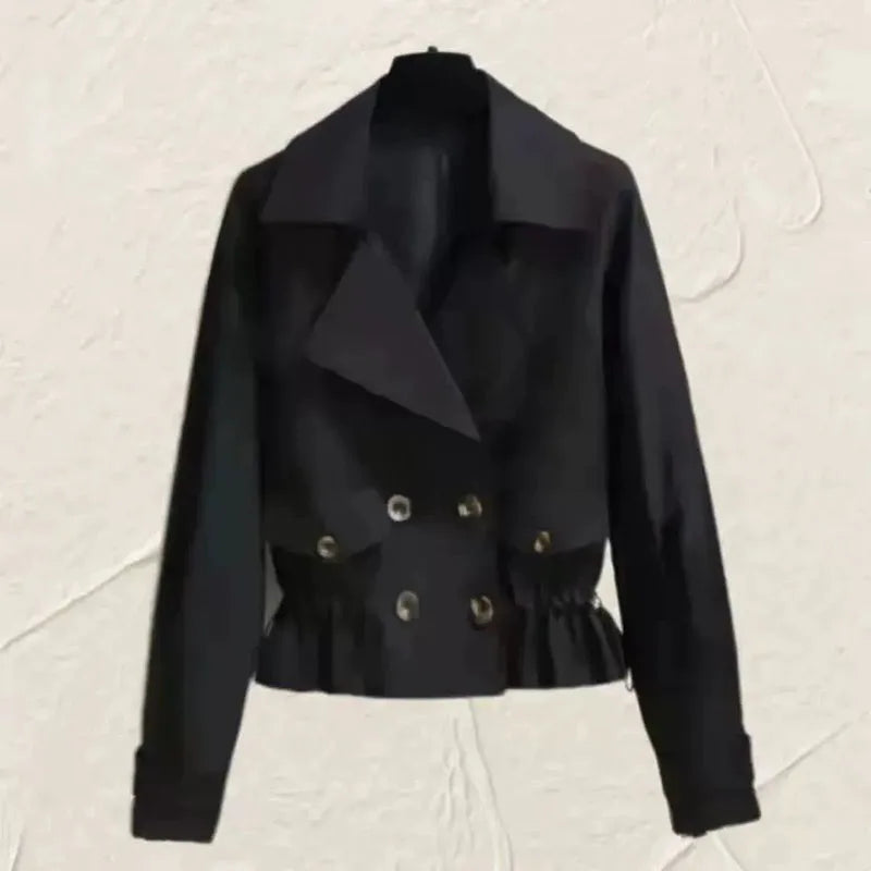 2026 New Collection Women's Short Trench Coat British Style Lapel Double-Breasted Drawstring Waist Jacket Autumn Casual Outwear