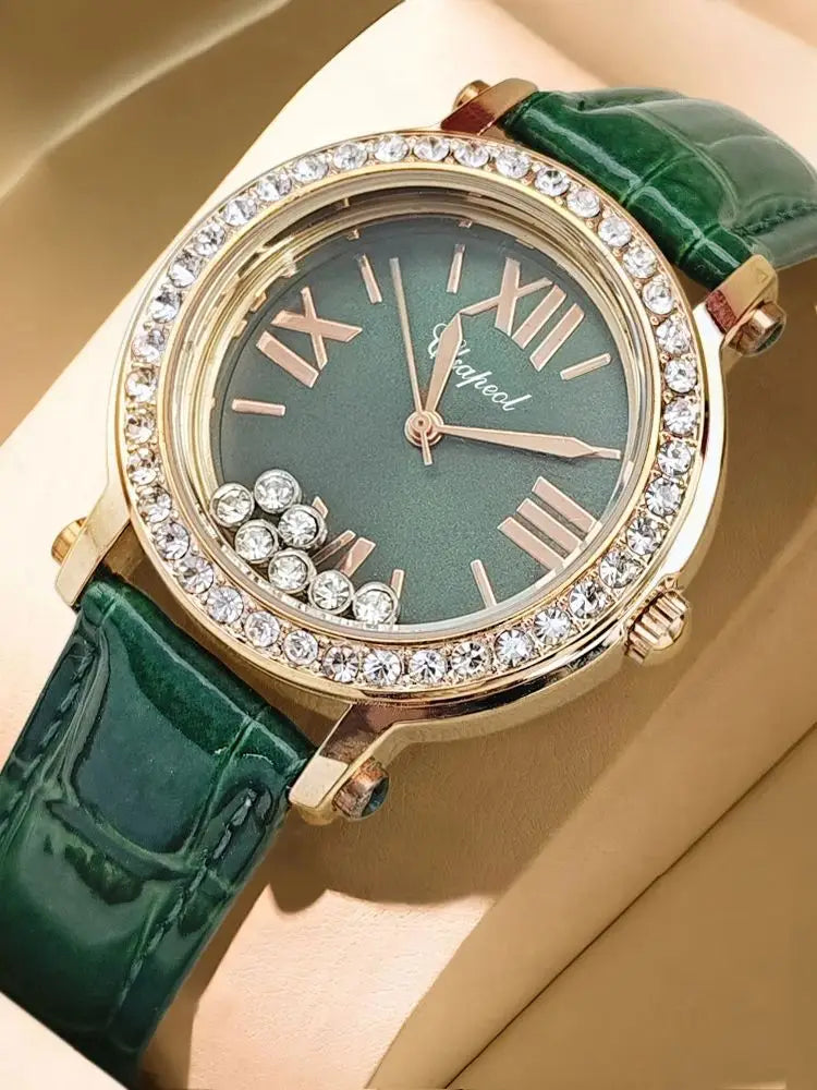 Green leather crystal women watch featuring a luxurious green crocodile leather strap with a gold-tone case encrusted in diamonds and roman numeral hour markers.