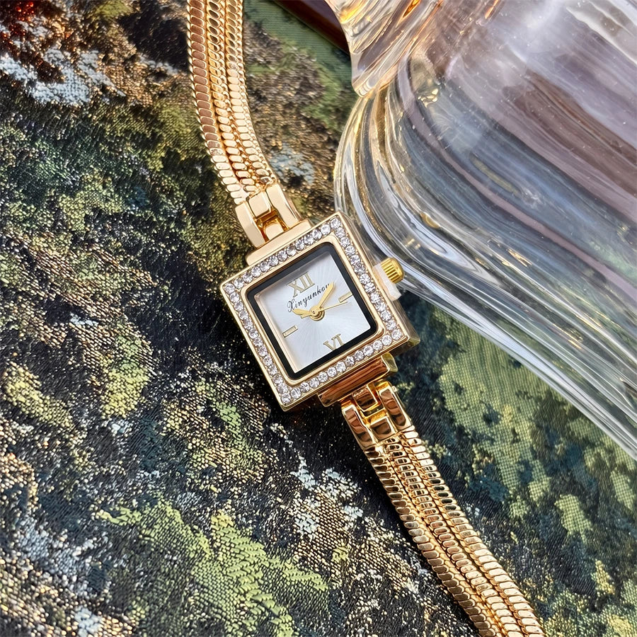 Gold Watch for Women: Square Bezel-Set Diamond Dial Fringe Strap Vintage Glamour Ladies Watch