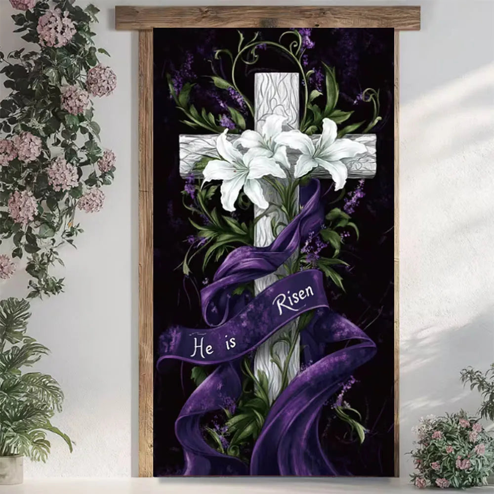 Religiöse Oster-Jesus-Türverkleidung mit einem weißen Kreuz, verziert mit weißen Lilien und violetten Schleifen, auf dunklem Hintergrund für Fotografie als Hintergrund und Banner.