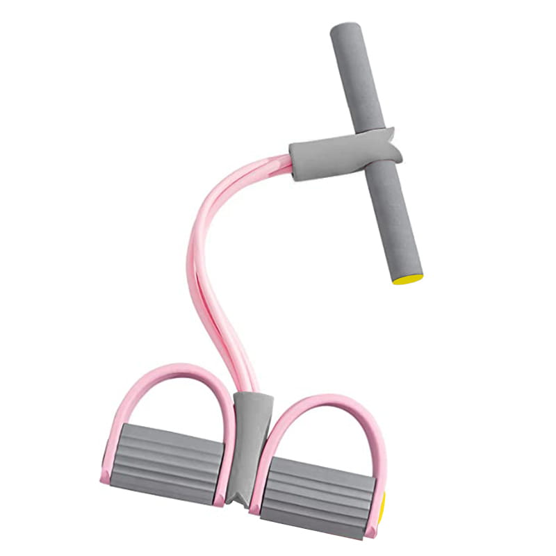 Pink and gray 4-tube resistance band pedal puller with t-shaped handle for leg exercises fitness equipment