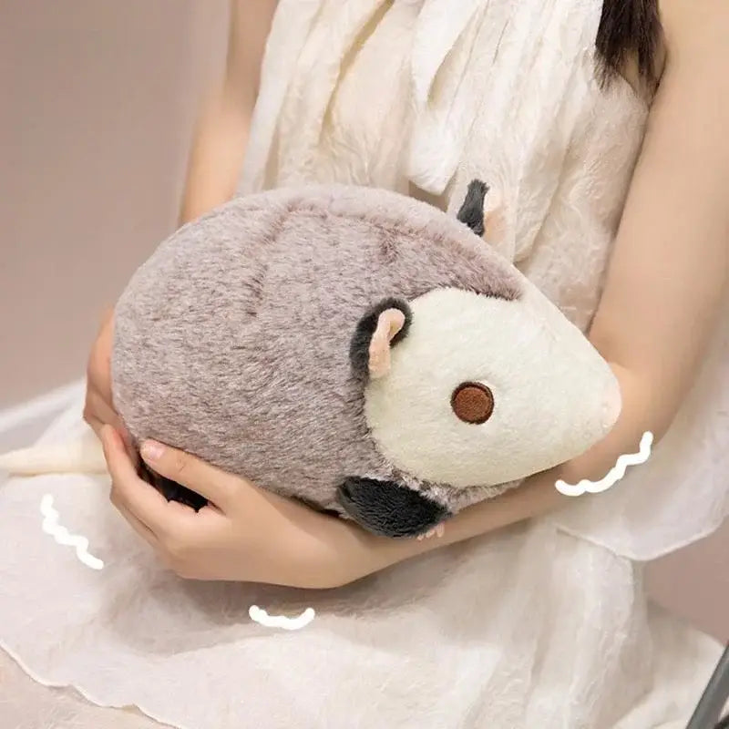 30cm soft plush gray and white opossum stuffed animal shaped like a porcupine with black-tipped ears and a brown button eye.